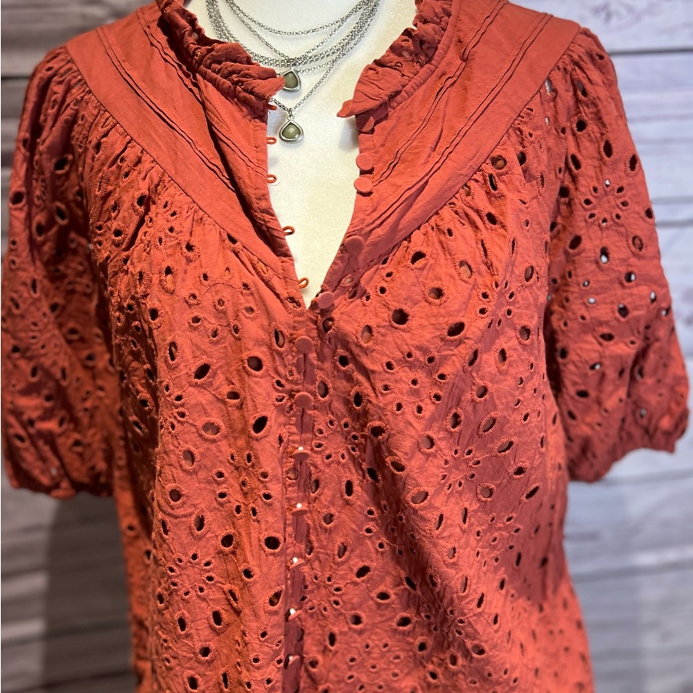 Women’s Eyelet Puff-Sleeve Blouse — Rust - Picture 1 of 10